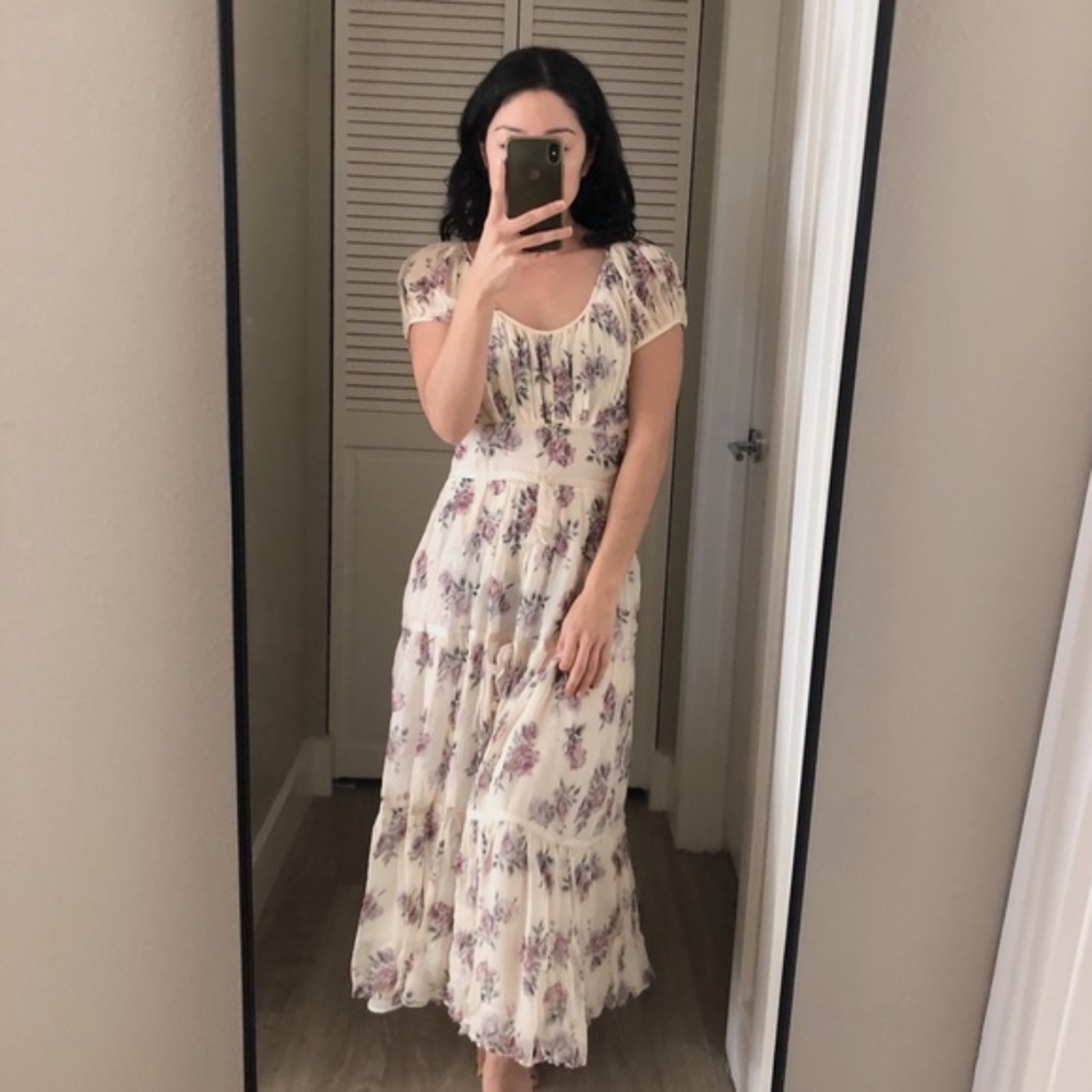 Women's Cream Floral Midi Dress - Elegant Puff Sleeve